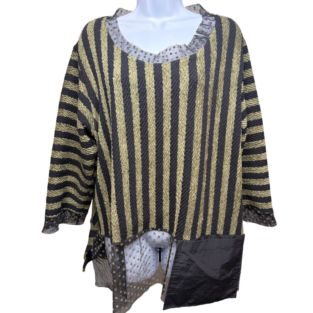 LUUKAA Women Khaki Striped Mesh Trim Asymmetrical Tunic Top Sz 10 Lagenlook Euro